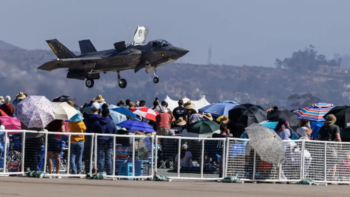 A jet roars past spectators at the 2026 Miramar Air Show at Marine Corps Air Station Miramar in San Diego. Photo by Vladimir Medvinsky
