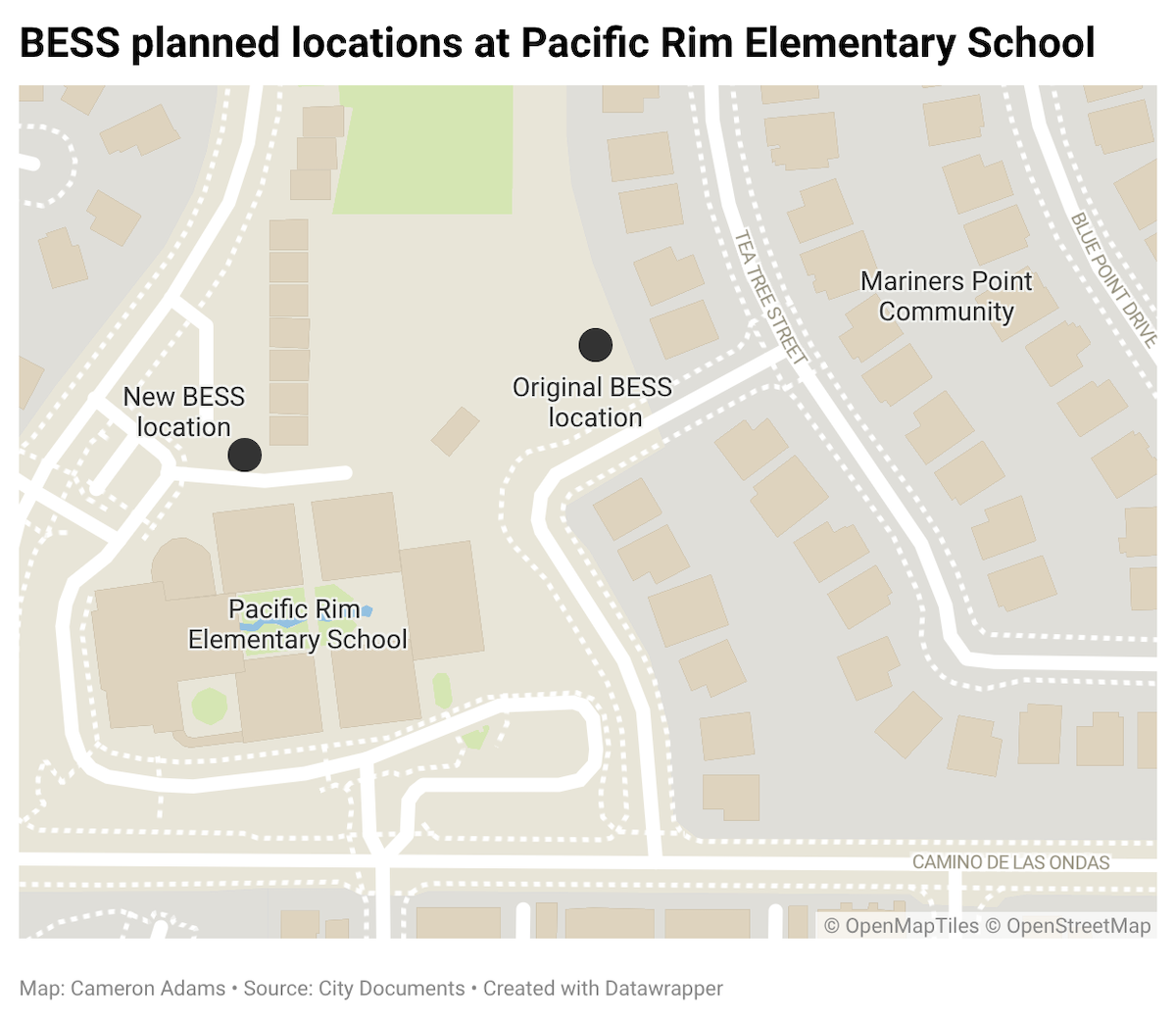 A map showing the new and old BESS locations