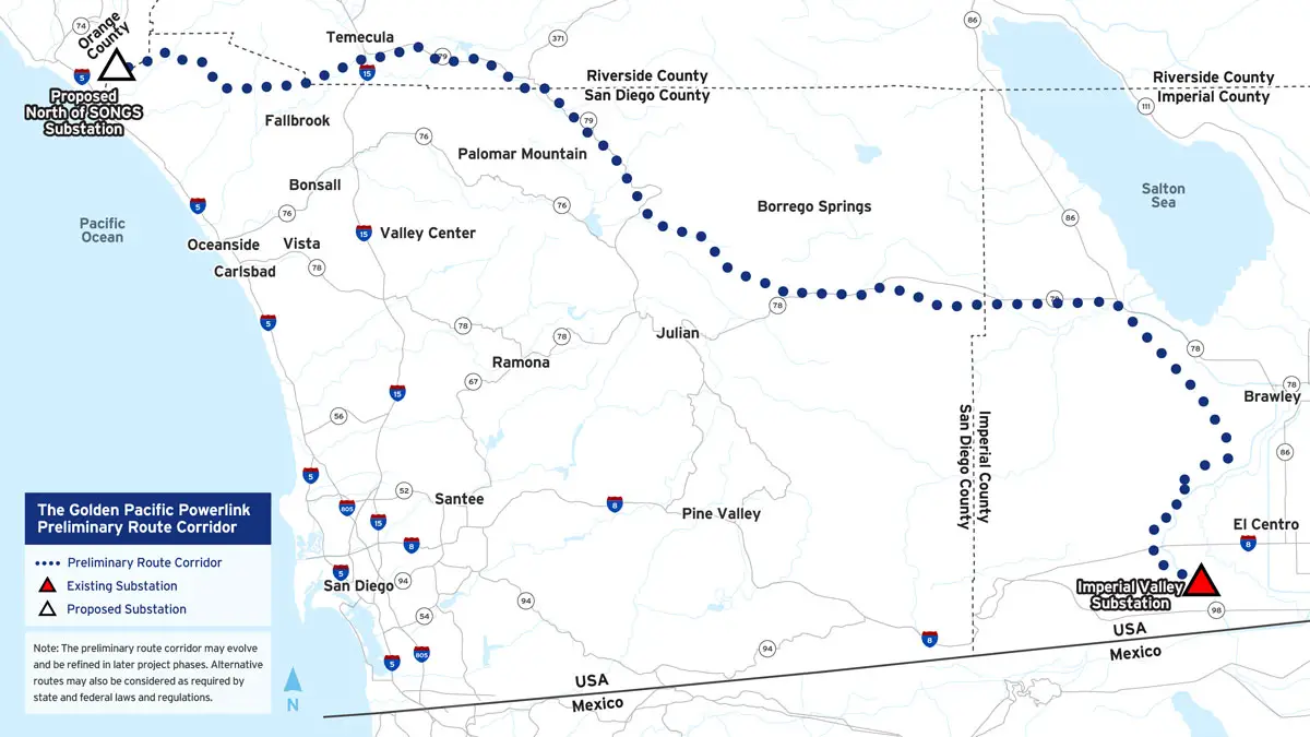 A map depicting the preliminary route corridor of the Golden Pacific Powerlink project. Courtesy image/SDG&E