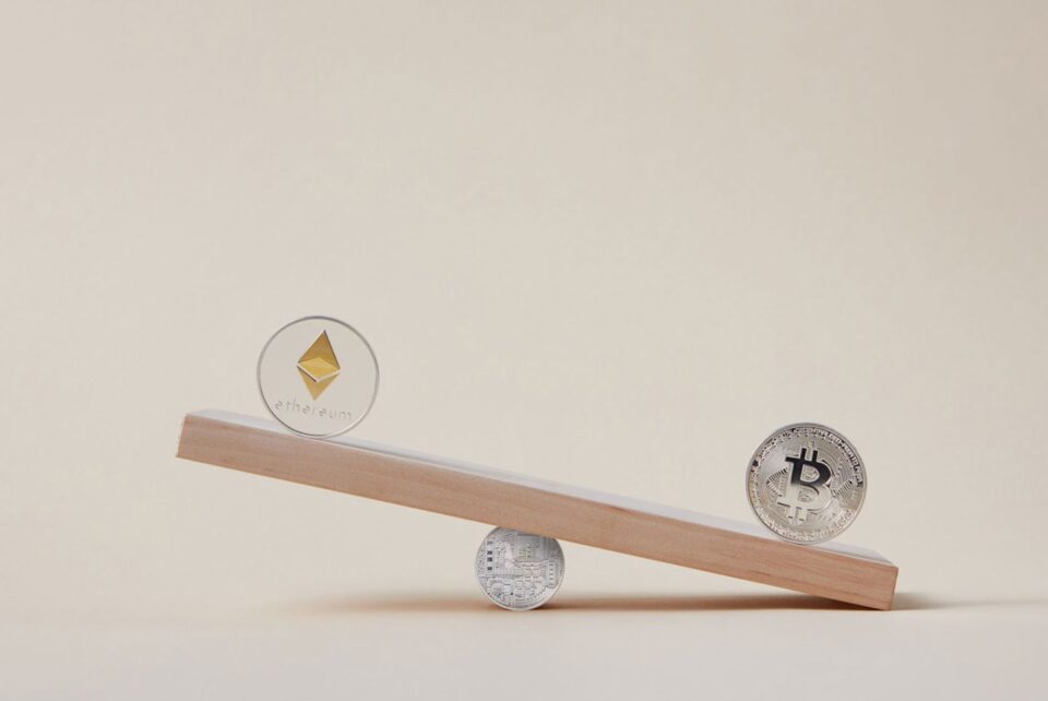 Minimalist arrangement of Bitcoin and Ethereum coins.