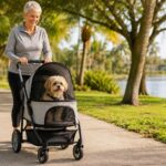 Senior dog riding comfortably in a pet stroller during an outdoor walk in the park.