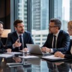 Executive search consultants meeting with business leaders in a modern corporate office.