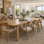 Oak extendable dining table with upholstered chairs in a bright open-concept home connecting the kitchen and living room.