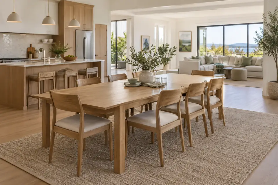 Oak extendable dining table with upholstered chairs in a bright open-concept home connecting the kitchen and living room.