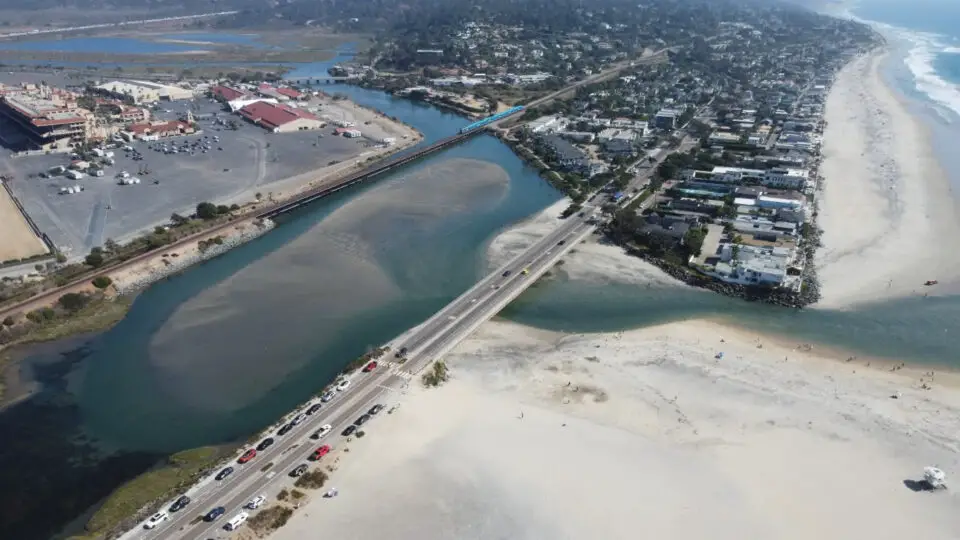 The sand-choked inlet of San Dieguito Lagoon is seen in this aerial shot looking south, with the Pacific Ocean on the right. Courtesy photo/City of Del Mar