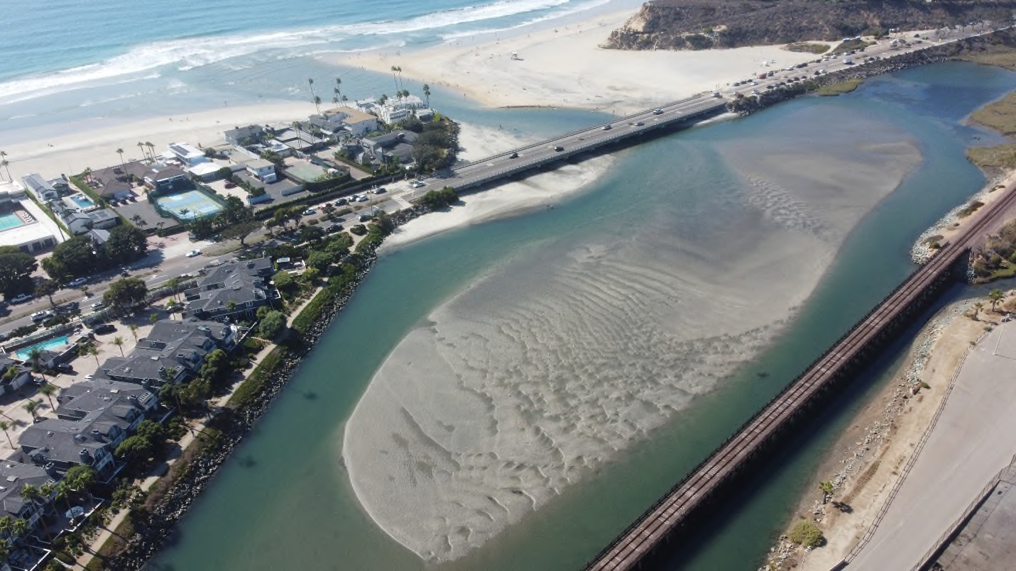 The sand-choked inlet to the San Dieguito Lagoon is seen in this aerial shot looking west toward the Pacific Ocean. Courtesy photo / City of Del Mar