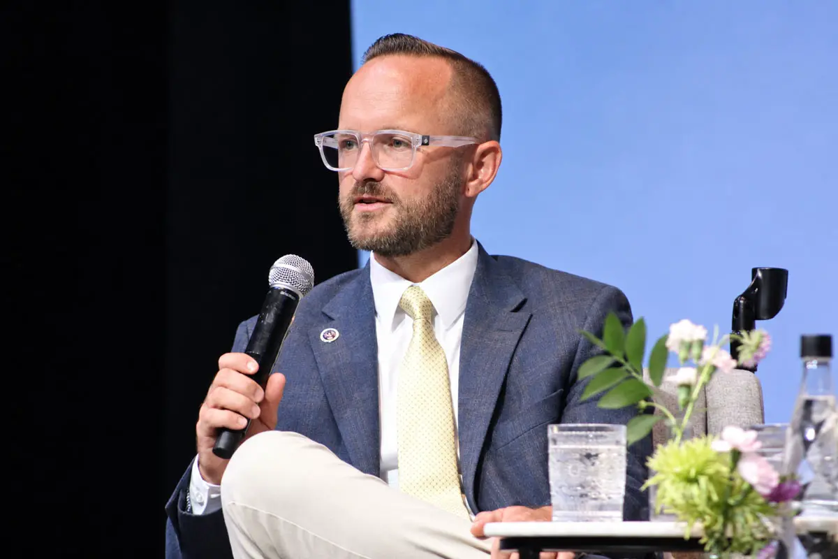 Escondido Mayor Dane White discusses homelessness during a Sept. 1 candidate forum at The Grand Ritz Theater. Photo by Samantha Nelson