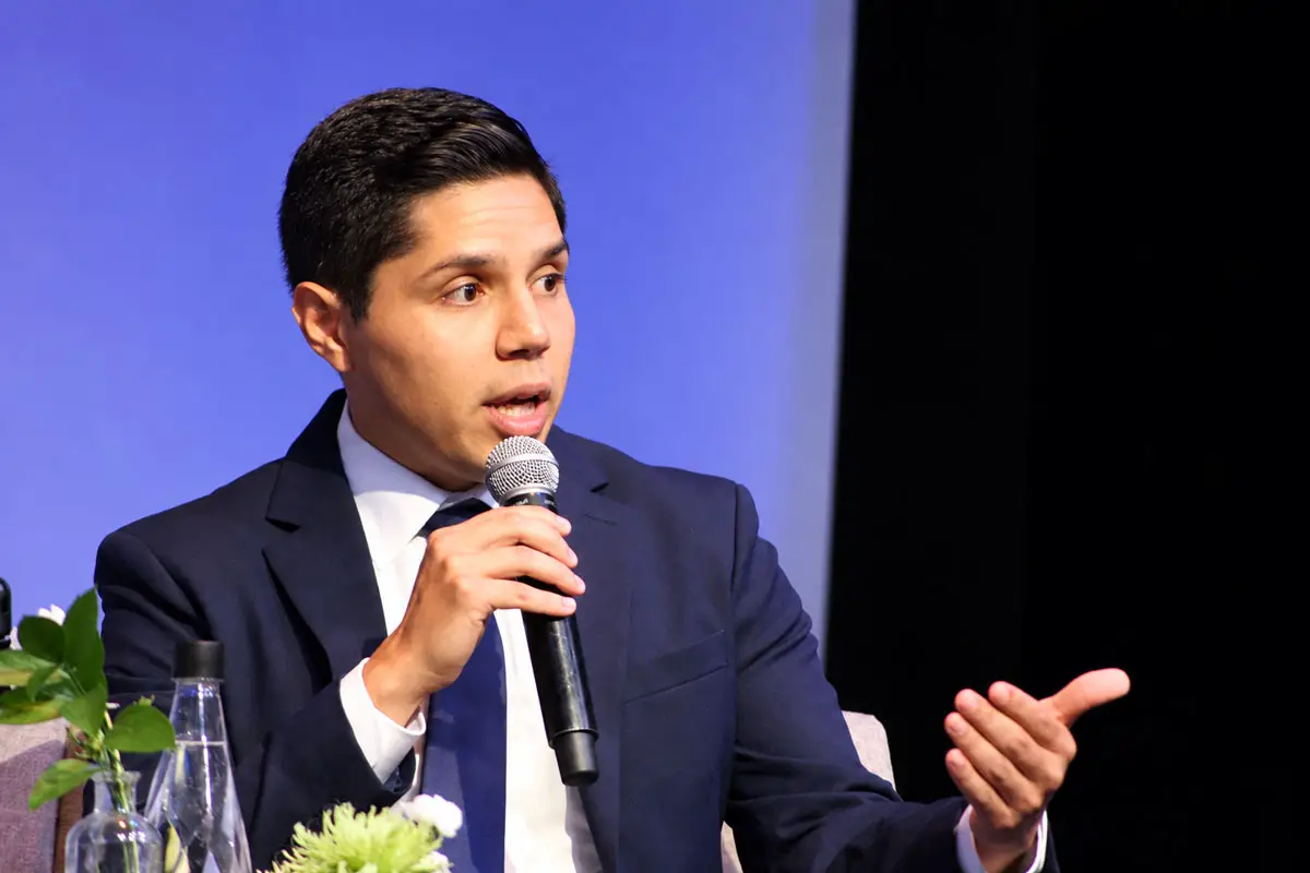 Escondido mayoral candidate Elias Velazquez discusses enforcement, housing and wraparound services for homeless residents during a Sept. 1 forum at The Grand Ritz Theater. Velazquez is challenging incumbent Mayor Dane White in the November election. Photo by Samantha Nelson