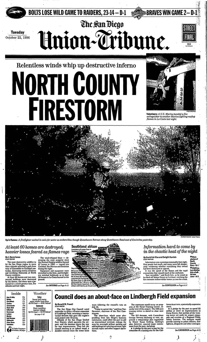 The San Diego Union-Tribune’s Oct. 22, 1996, front page documents the wind-driven Harmony Grove Fire as it swept through North County, destroying homes and threatening communities including Encinitas. Courtesy image