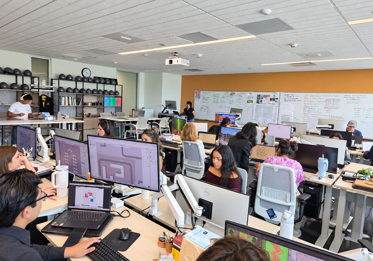 Students in Palomar College's Building Performance & Environmental Design program work on their projects in a classroom at the school's Rancho Bernardo campus. Photo by Jim Tragesers