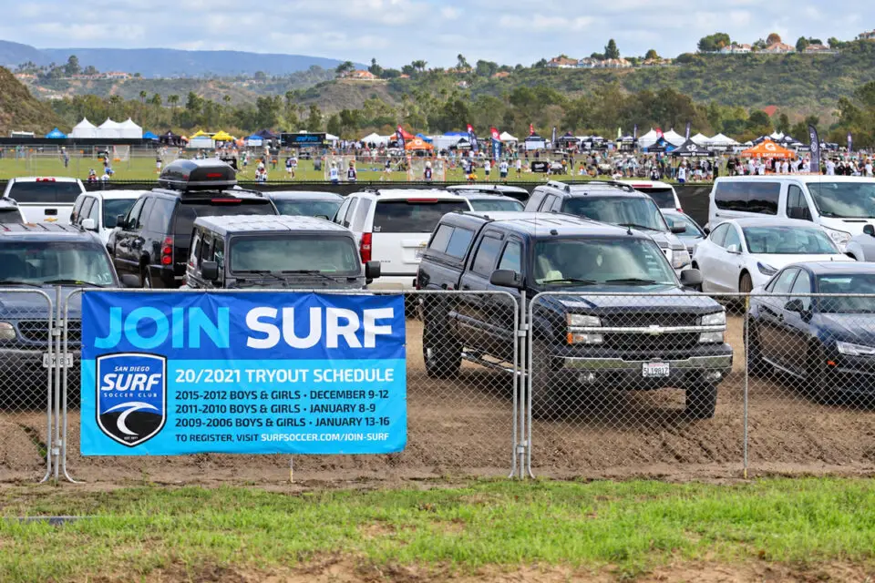 Cars fill the parking area outside Surf Sports Park, formerly the Del Mar polo fields. A judge has allowed a lawsuit challenging the property’s use under a 1983 grant deed to proceed. Courtesy photo