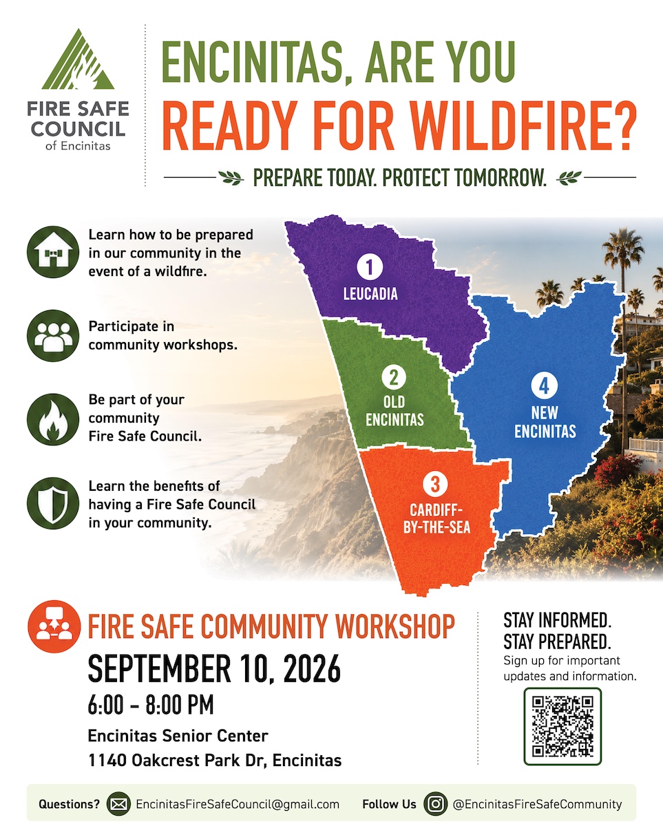 A Fire Safe Council of Encinitas flier provides residents with information about wildfire preparedness and the council’s inaugural citywide community workshop. Courtesy image