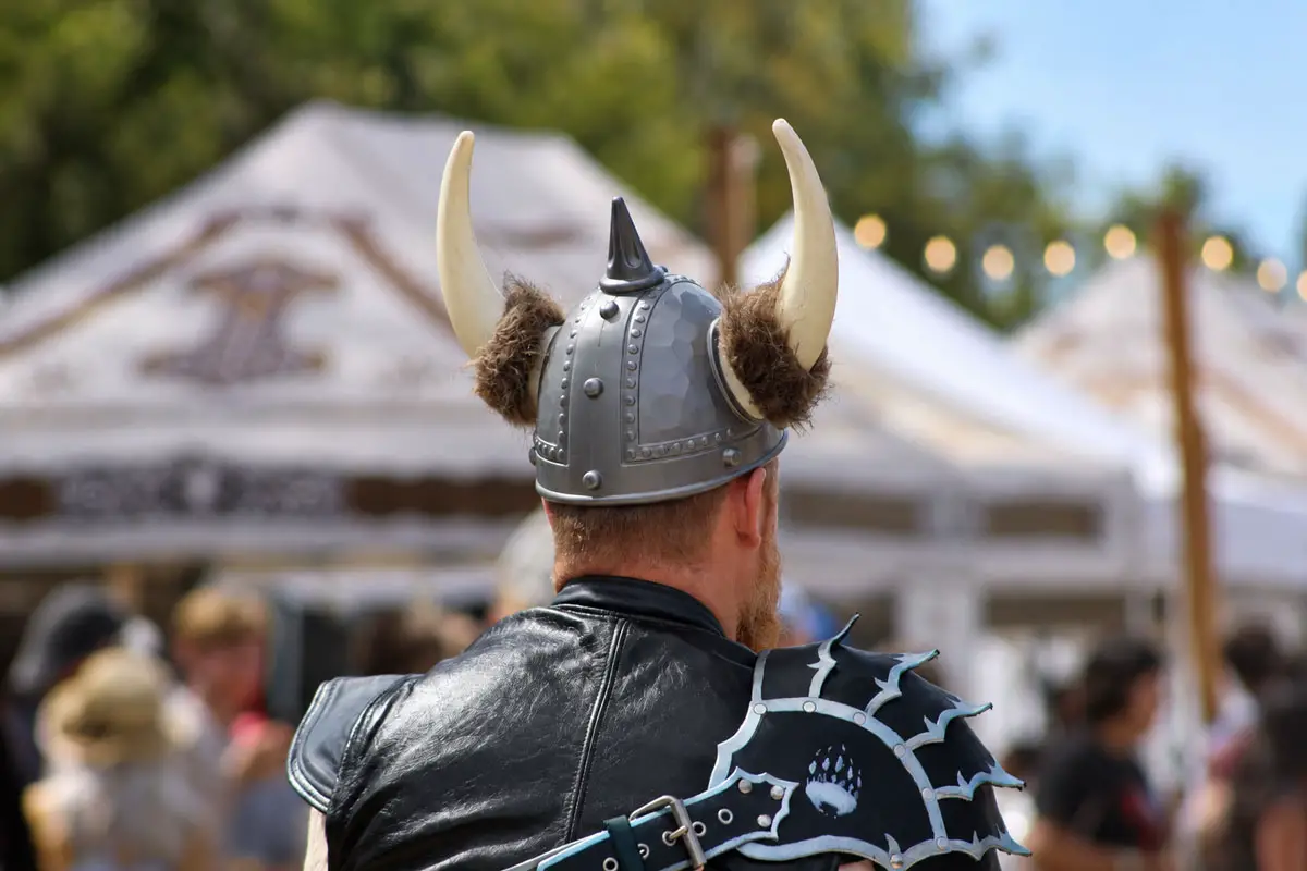 A festivalgoer sports a horned Viking helmet on Sept. 20 at the 24th annual Vista Viking Festival.