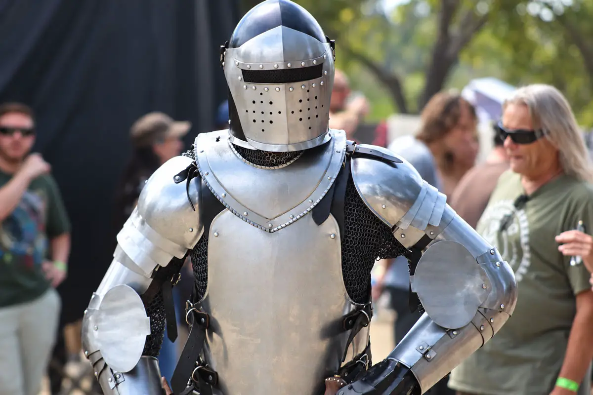 An armored knight patrols the grounds of the Vista Viking Festival.