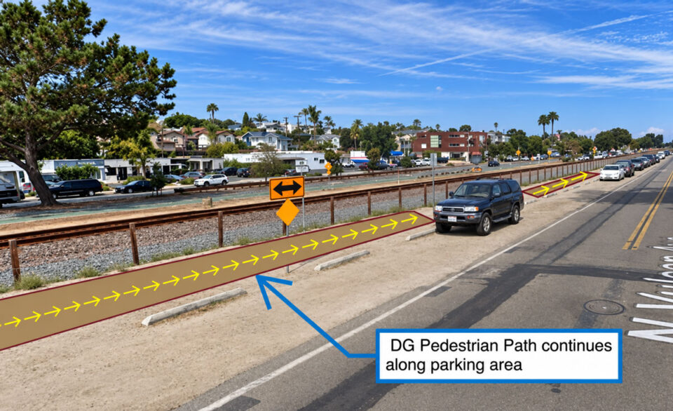 The proposed Vulcan Avenue pedestrian path would create a decomposed granite walkway between the roadway and railroad tracks, extending from Leucadia Boulevard to near La Costa Avenue. Courtesy photo/City of Encinitas