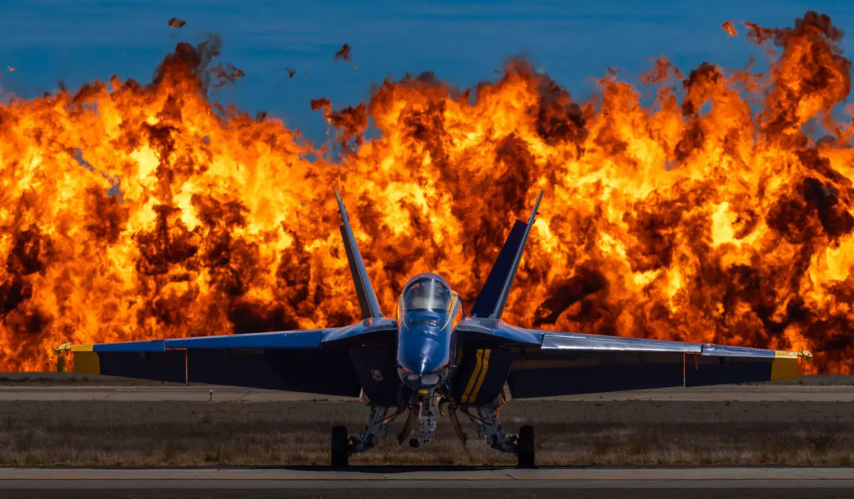 A wall of fire erupts during the Marine Air-Ground Task Force demonstration at the 2026 Miramar Air Show. The pyrotechnics followed a simulated airstrike. Photo by Vladimir Medvinsky
