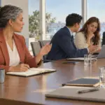 Illustration of a woman being overlooked during an office meeting as three coworkers focus on a laptop.