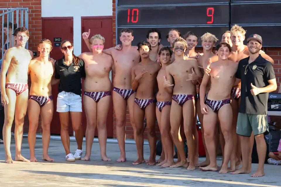 Mission Hills High School’s boys water polo team celebrates after clinching the first league championship in program history. Courtesy photo/MHHS