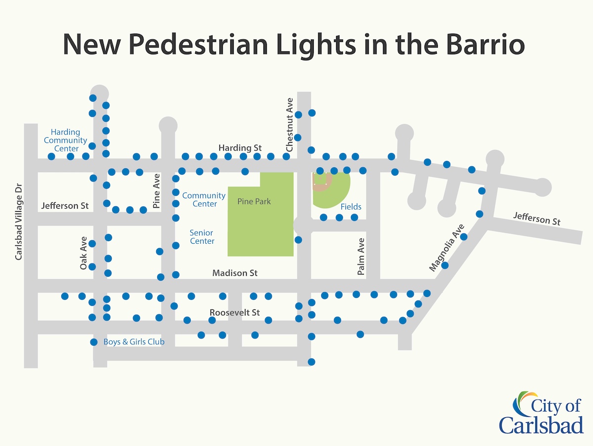 Location of new pedestrian lights in the Barrio. Photo courtesy of City of Carlsbad