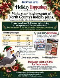 Coast News Holiday Happenings 2026 advertising flyer with three-week packages starting at $486, including a sponsored business feature.