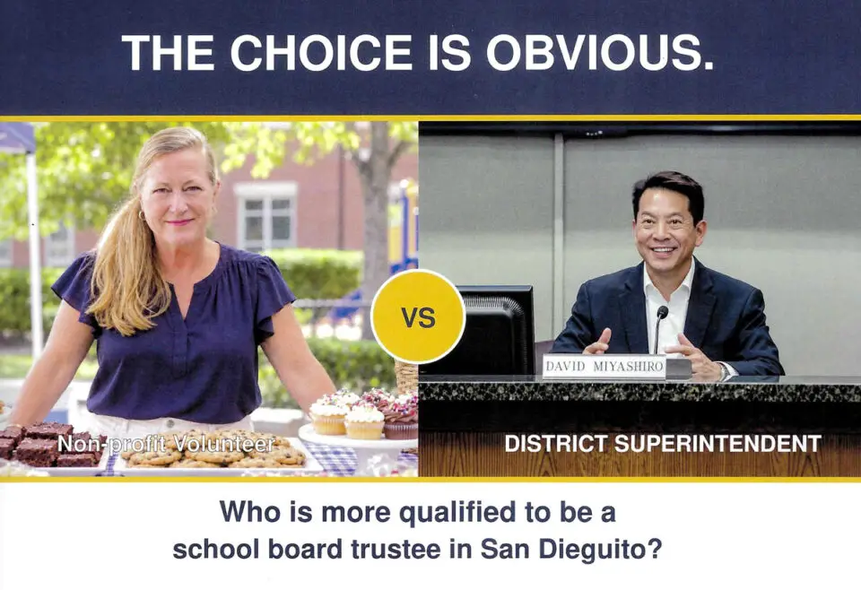 A campaign mailer from San Dieguito Union High School District board candidate David Miyashiro features an AI-generated image of opponent Amy Flicker. Courtesy photo/Bob Ayers