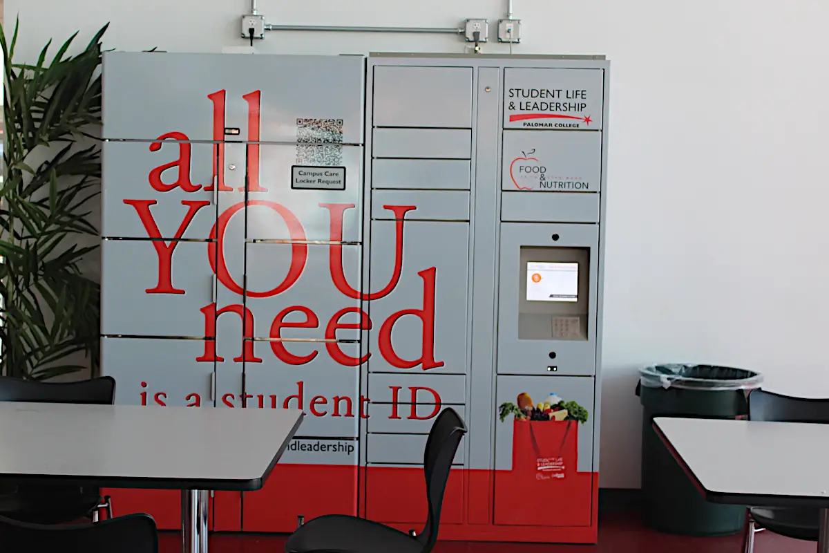 A Palomar College pantry food locker in the main dining hall at the San Marcos campus. Students can pre-order a hot meal from the pantry, and it will be placed in a food locker at one of several locations on the main or one of the satellite campuses, and the locker can be opened with a code the student is sent. Photo by Jim Trageser