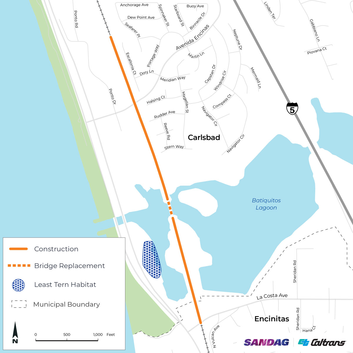 A map shows the Batiquitos Lagoon Double Track Project construction area in orange, including the rail bridge slated for replacement between Carlsbad and Encinitas. Map courtesy of SANDAG and Caltrans