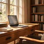 Sunlit home office with bookshelves, a wooden desk, an open laptop and a cushioned reading chair.