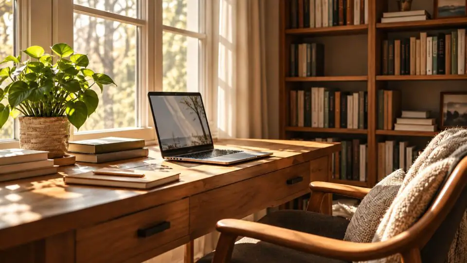 Sunlit home office with bookshelves, a wooden desk, an open laptop and a cushioned reading chair.