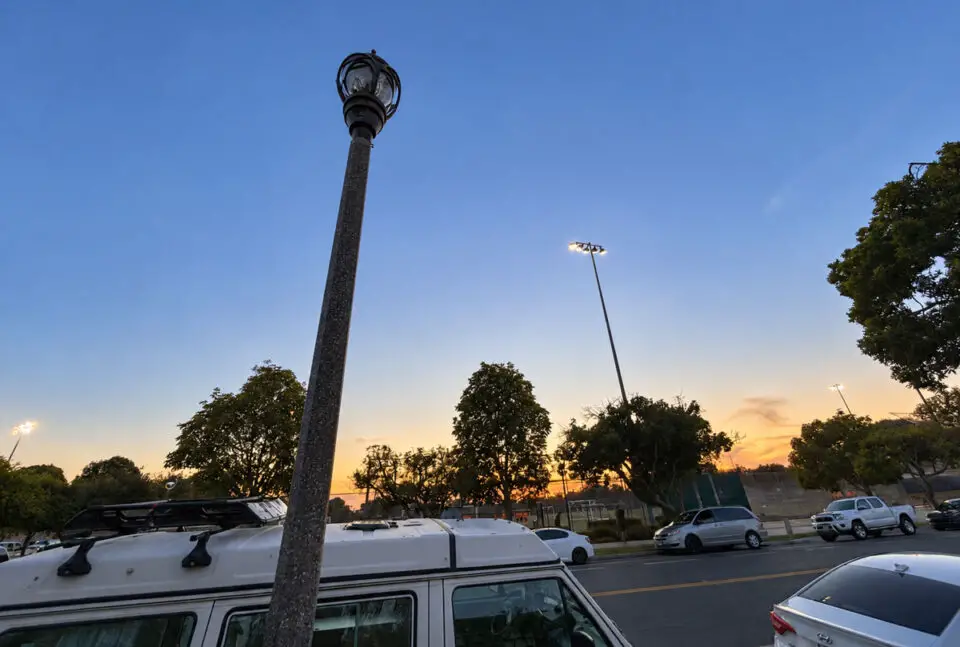 The new pedestrian lights in Carlsbad’s Barrio neighborhood stand on 17-foot poles and cast a warmer, softer light than existing streetlights. Courtesy photo/City of Carlsbad