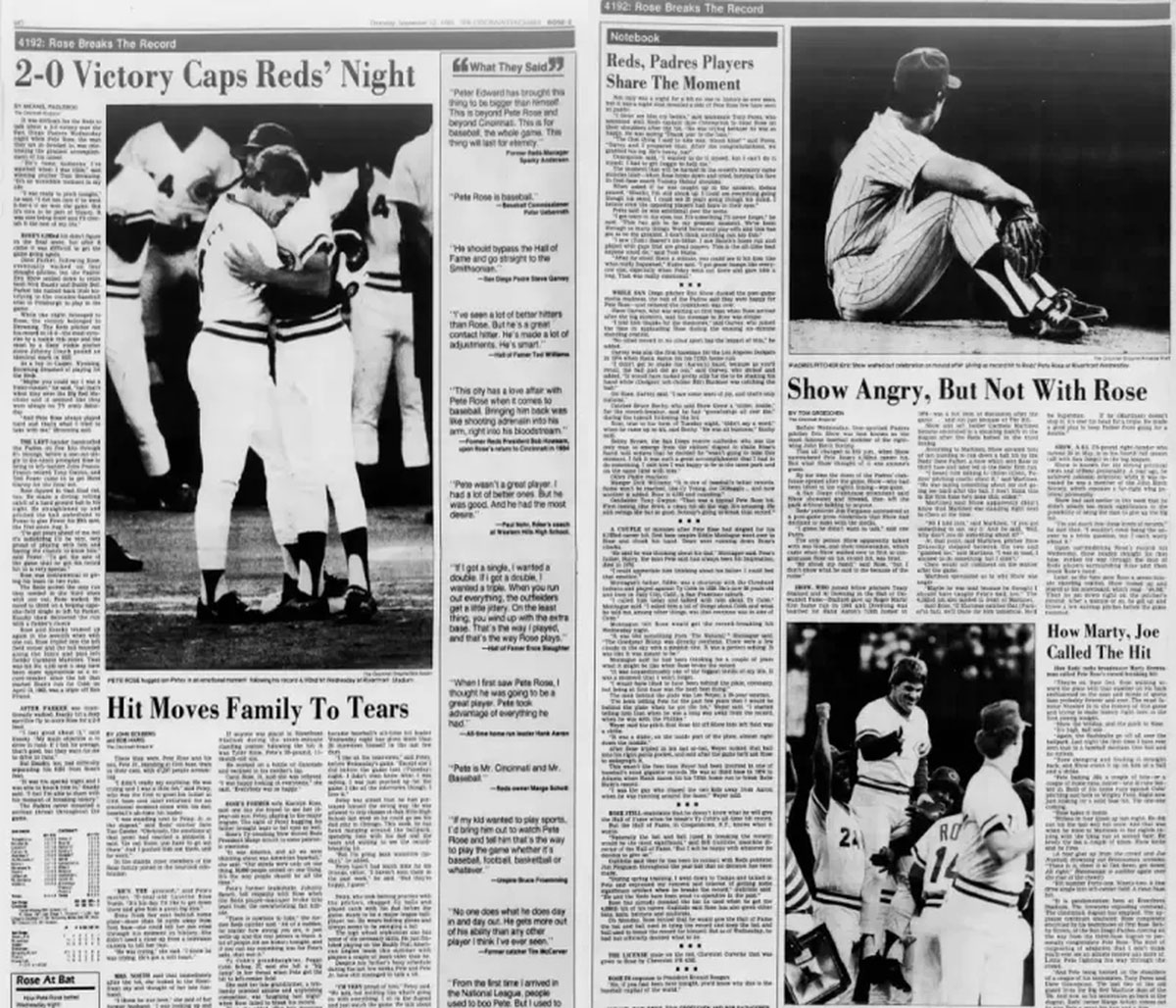 BASEBALL HISTORY: Pages from The Cincinnati Enquirer chronicle Pete Rose’s record-breaking 4,192nd career hit on Sept. 11, 1985, including the celebration surrounding the milestone and the reaction of San Diego Padres pitcher Eric Show, who surrendered the historic hit. Courtesy of The Cincinnati Enquirer