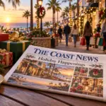 Coast News Holiday Happenings newspaper beside wrapped gifts on a cafe table, with holiday shoppers and decorated coastal storefronts behind it.