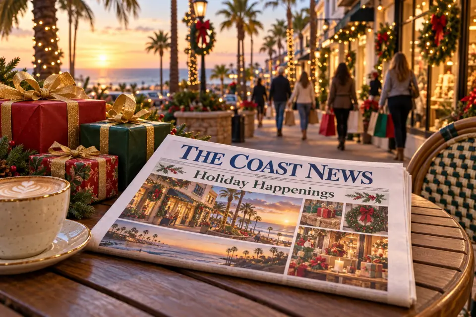 Coast News Holiday Happenings newspaper beside wrapped gifts on a cafe table, with holiday shoppers and decorated coastal storefronts behind it.