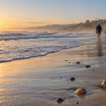 Two people walk along a sandy beach beside coastal bluffs as sunlight reflects on the waves.