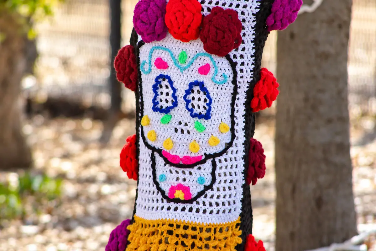“Fiber Expressions” adorns trees just outside Queen Califia’s Magical Circle in Escondido’s Kit Carson Park throughout October. Photo by Samantha Nelson