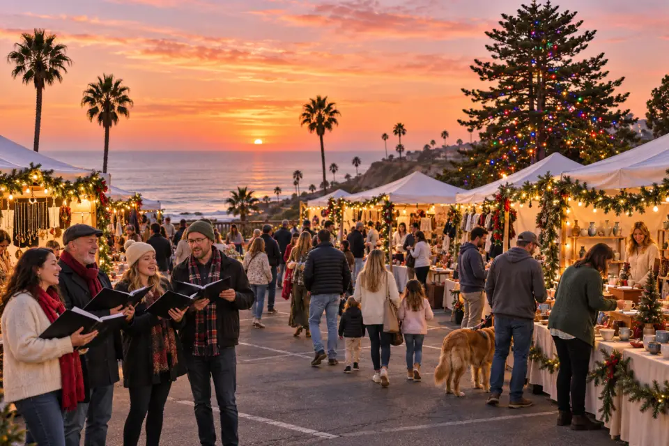 AI illustration of a sunset holiday market near Moonlight Beach, with outdoor shoppers, carolers and a Christmas tree glowing behind vendor tents.