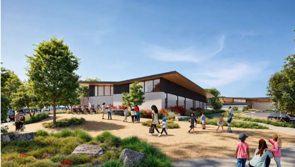A rendering depicting a new civic plaza at Paul Ecke Central Elementary School in Encinitas.