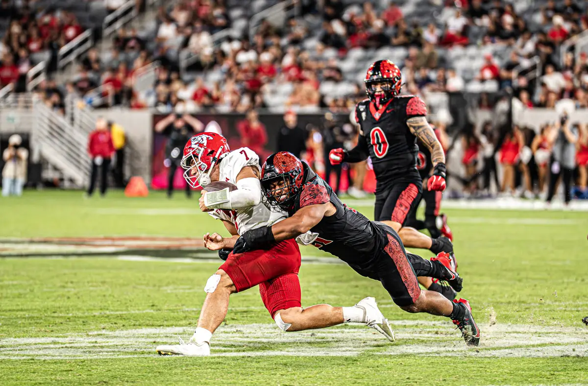 San Diego State linebacker Tano Letuli led the Aztecs with 11 tackles and added a sack in Saturday’s 26-23 victory over Fresno State. The Cathedral Catholic graduate helped San Diego State retain the Old Oil Can trophy. Photo by Isaac Angel