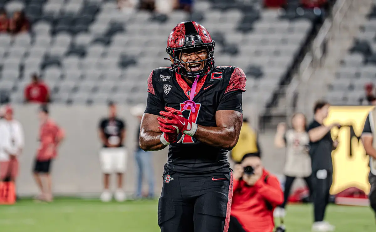 San Diego State running back Lucky Sutton rushed for 119 yards on 18 carries in the Aztecs’ 26-23 victory over Fresno State on Saturday at Snapdragon Stadium. Photo by Isaac Angel