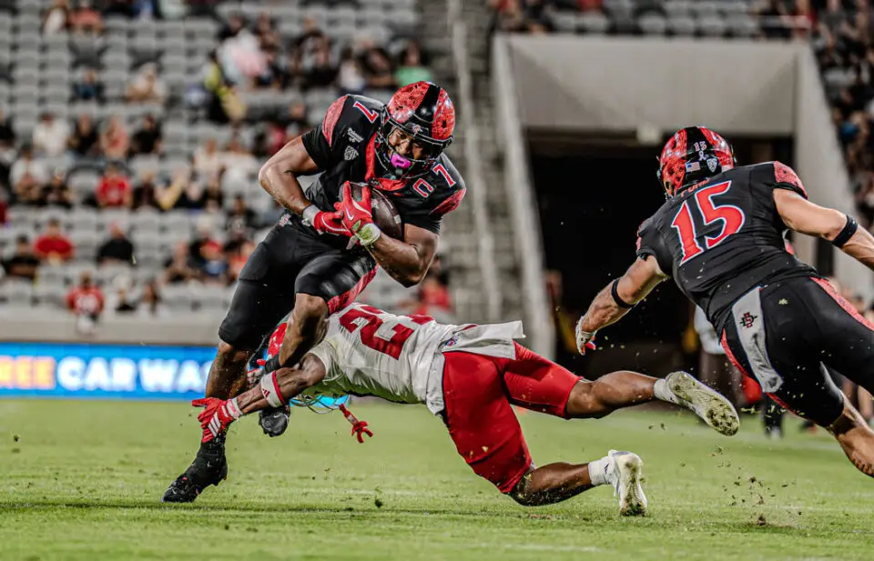 San Diego State running back Lucky Sutton rushed for 119 yards on 18 carries in the Aztecs’ 26-23 victory over Fresno State on Saturday. The Cathedral Catholic graduate returned after an injury sidelined him for three of the previous four games. Photo by Isaac Angel