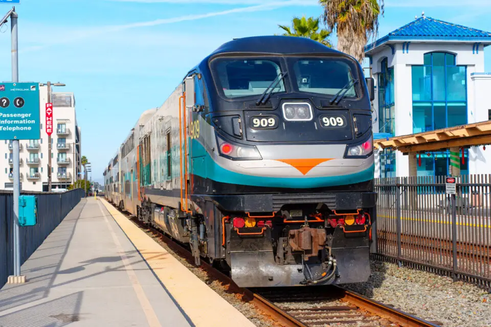 A Metrolink train at the Oceanside Transit Center. The rail agency plans to suspend service to and from Oceanside for five days beginning Monday due to anticipated high tides near San Clemente. Photo by Katie Chizhevskaya