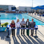Mayor Keith Blackburn and councilmembers Priya Bhat-Patel, Melanie Burkholder, Kevin Shin and Teresa Acosta celebrate Monroe Street Pool’s $21 million renovation Oct. 29 in Carlsbad. Courtesy photo/City of Carlsbad