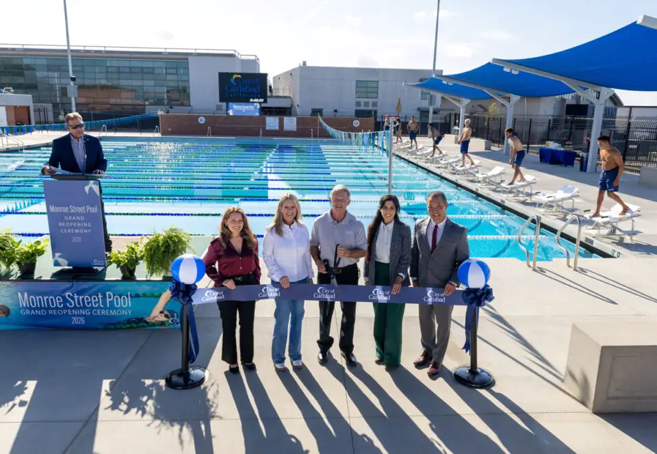 Mayor Keith Blackburn and councilmembers Priya Bhat-Patel, Melanie Burkholder, Kevin Shin and Teresa Acosta celebrate Monroe Street Pool’s $21 million renovation Oct. 29 in Carlsbad. Courtesy photo/City of Carlsbad