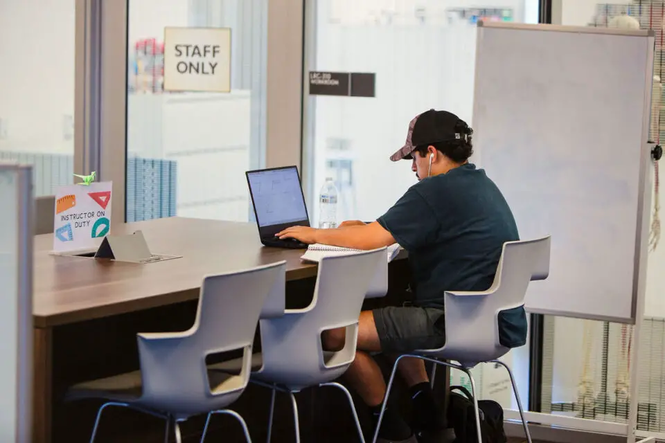 A student uses a laptop on the Palomar College campus in San Marcos as local community colleges weigh opportunities to expand their four-year degree offerings under new state laws. Courtesy photo/Palomar College