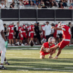 Palomar College kicker Carson Beard boots a game-winning 43-yard field goal in overtime to lift the Comets to a 24-21 upset of No. 20 El Camino College on Saturday. Photo by Hector Flores