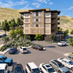 A west-facing rendering shows the proposed condominium project on a half-acre parcel where San Elijo Road splits into two one-way roadways. Rendering courtesy of Ambient Communities