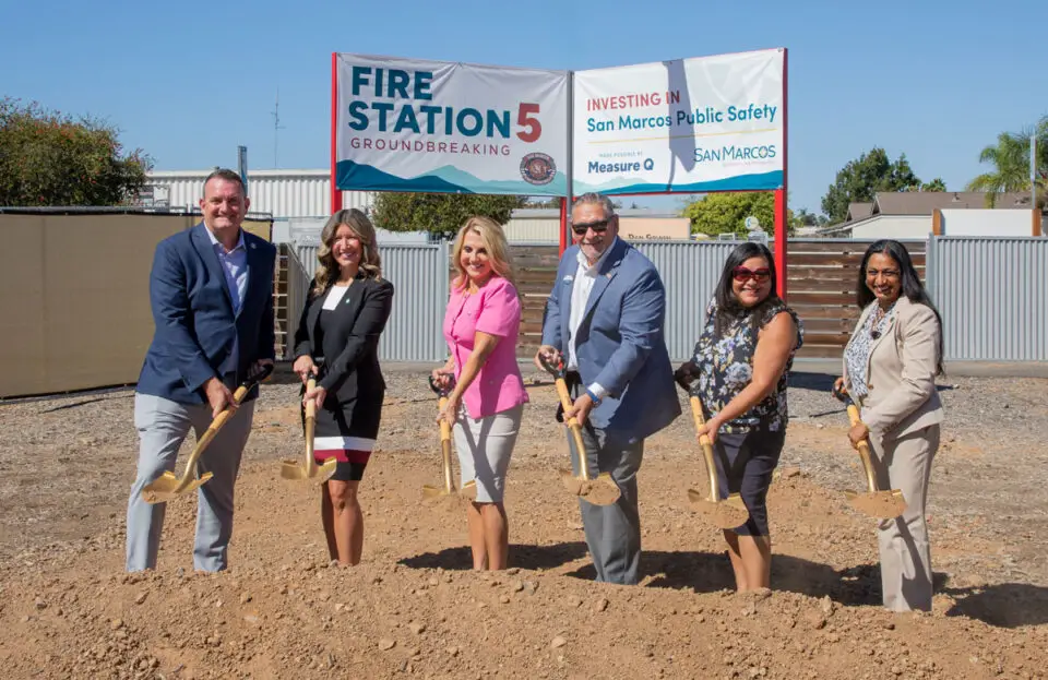 Deputy Mayor Mike Sannella, Councilmember Danielle LeBlang, Mayor Rebecca Jones, Councilmember Ed Musgrove, Councilmember María Nuñez and Assemblymember Darshana Patel at Monday's Fire Station 5 groundbreaking. Courtesy photo/City of San Marcos