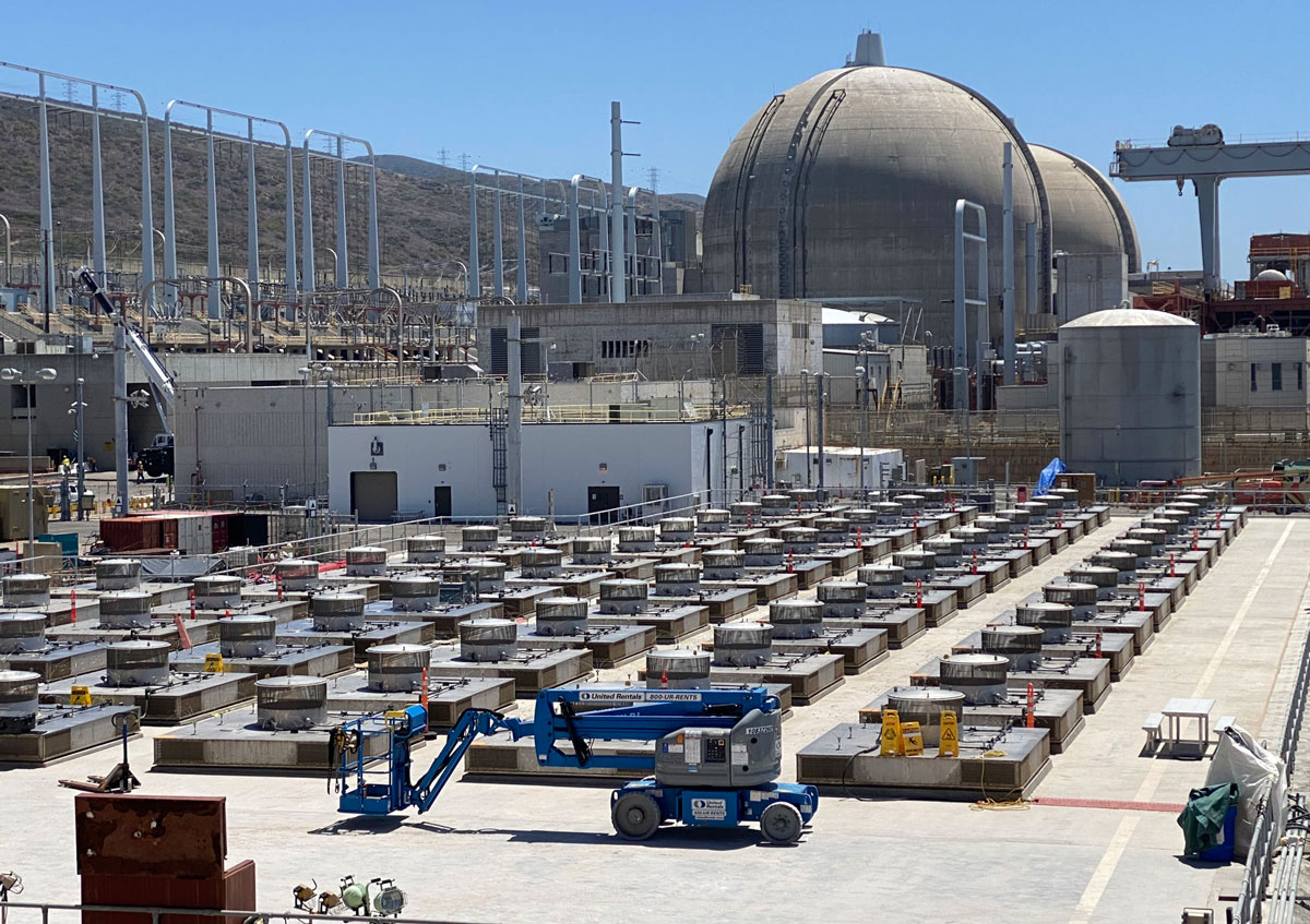 Spent nuclear fuel storage at the shuttered San Onofre Nuclear Generating Station.  A new report from Rep. Mike Levin outlines progress and remaining hurdles to moving the waste off-site. Courtesy photo/SCE