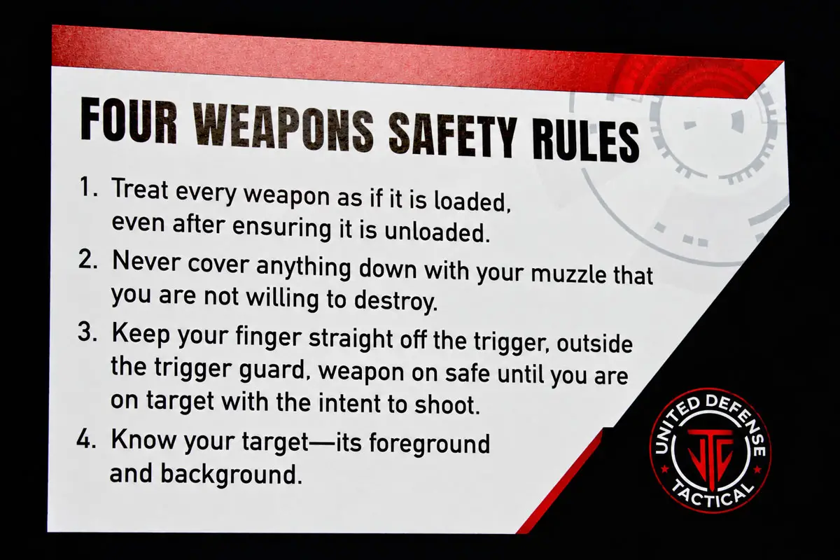 A gun-safety sign posted at United Defense Tactical in San Marcos. Photo by Jim Trageser