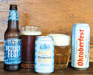Oktoberfest beer styles, from left, Karl Strauss Märzen, Alesmith’s AleSchmidt and Trader Joe’s Festbier.  Photo by Jeff Spanier